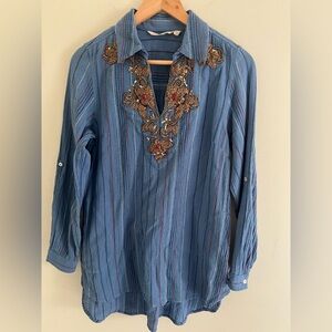 Soft Surroundings Blue Cotton Tunic with Embroidery